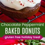 peppermint chocolate donuts on a cooling rack and one on a red and white plate
