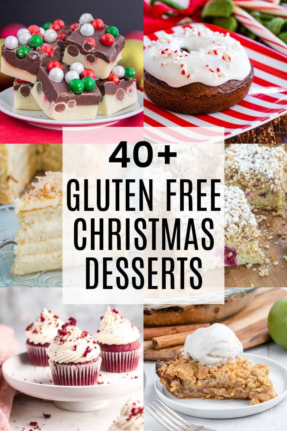 collage of Christmas desserts including fudge, apple pie, red velvet cupcakes, and more
