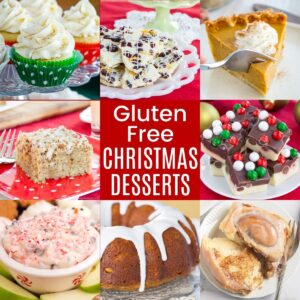 collage of Christmas desserts including pumpkin pie, peppermint cheesecake dip, eggnog cake, and more
