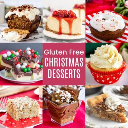 collage of Christmas desserts including pecan pie, peppermint cheesecake cup, eggnog cake, and more.