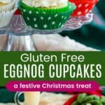 gluten free eggnog cupcakes on a glass stand and one on a small plate