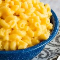 A bowl of gluten free stovetop mac and cheese.