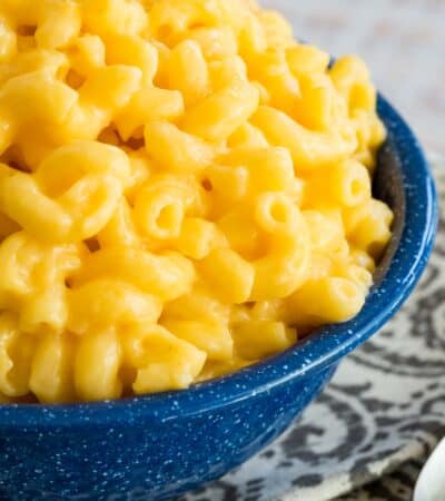 A bowl of gluten free stovetop mac and cheese.