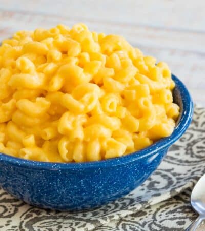 A bowl of gluten free stovetop mac and cheese.