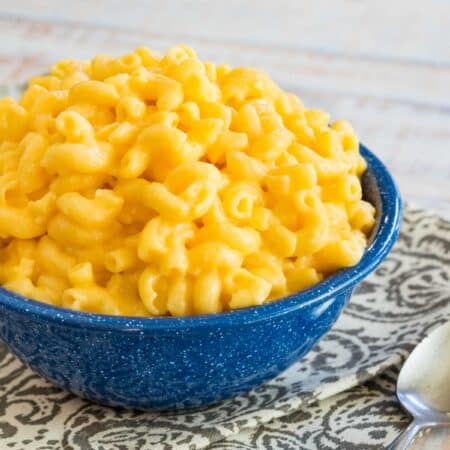 A bowl of gluten free stovetop mac and cheese.