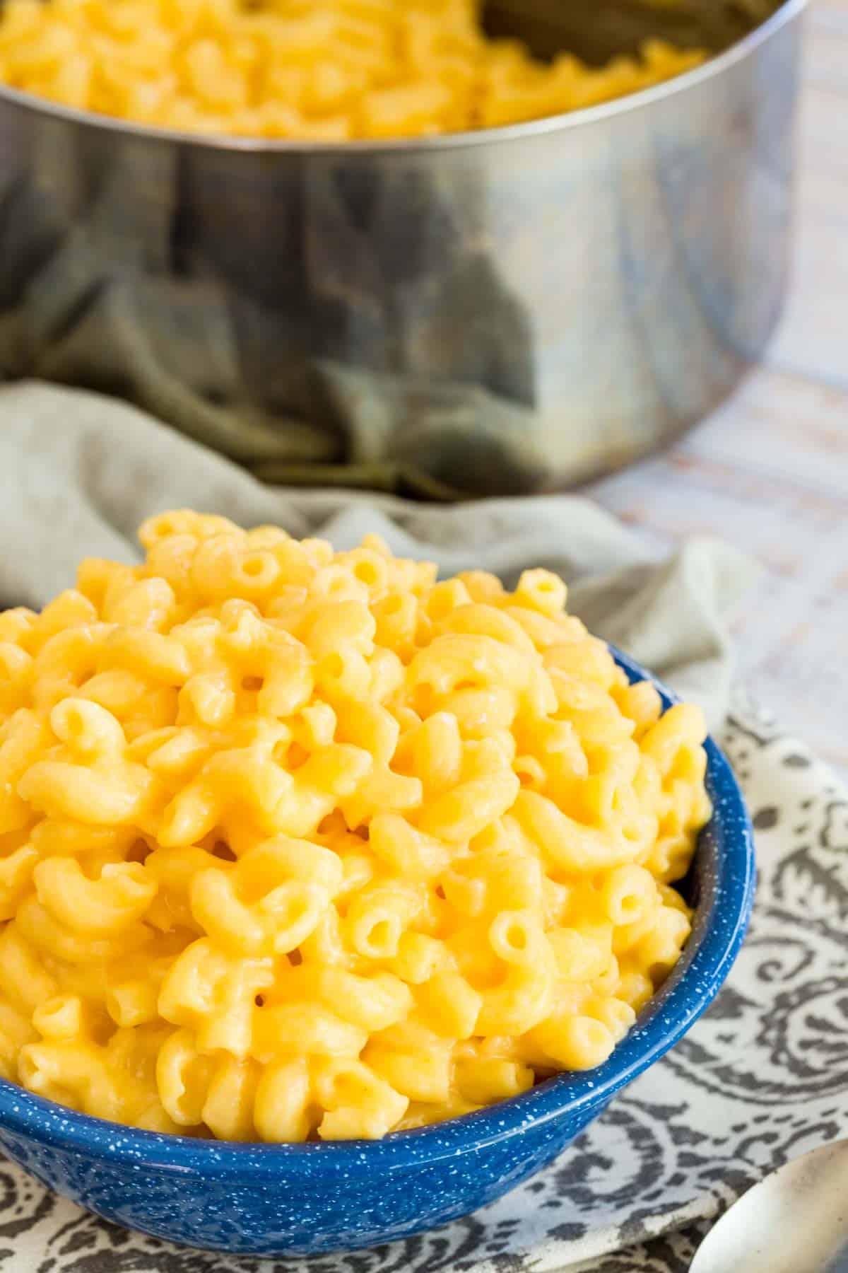 A bowl of gluten free stovetop mac and cheese next to a pot.