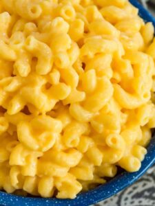 Close up of stovetop mac and cheese noodles in a bowl.