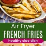 french fries in a white serving dish and a closeup of some wrapped in parchment paper