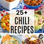 Collage of different types of beef, chicken, turkey, and vegetarian chili recipes in bowls.