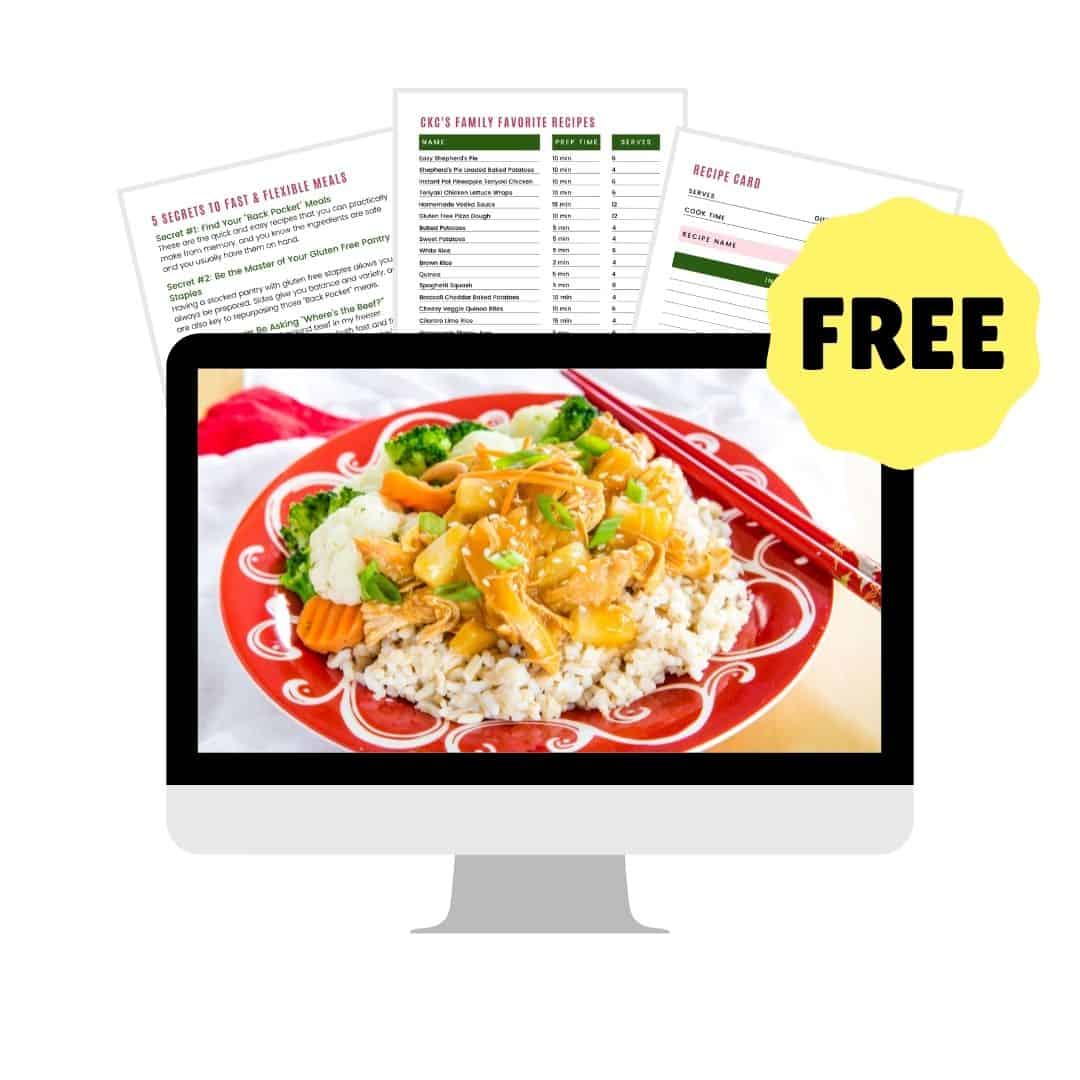 Photo of teriyaki chicken over rice on a computer screen with eBook pages mockups behind it.