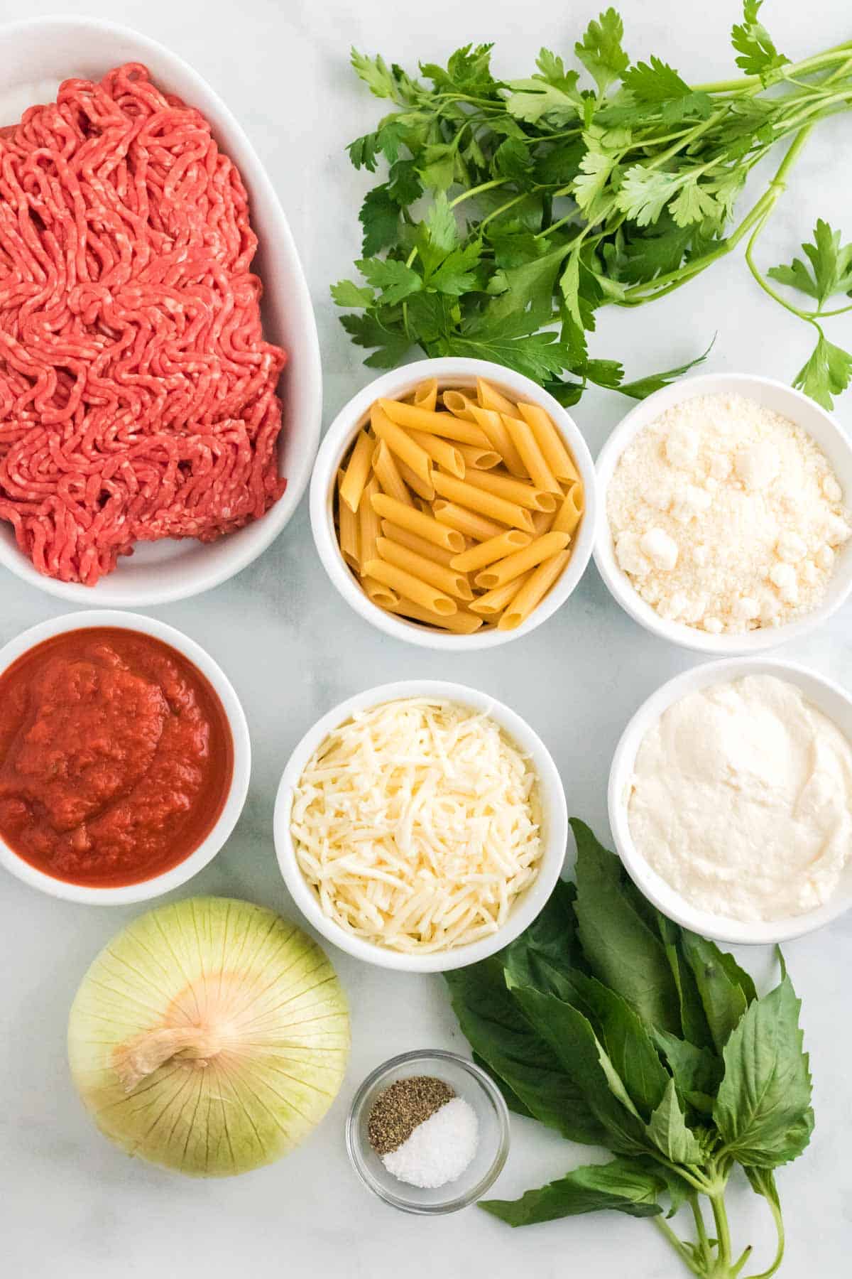 The ingredients for gluten free baked ziti.