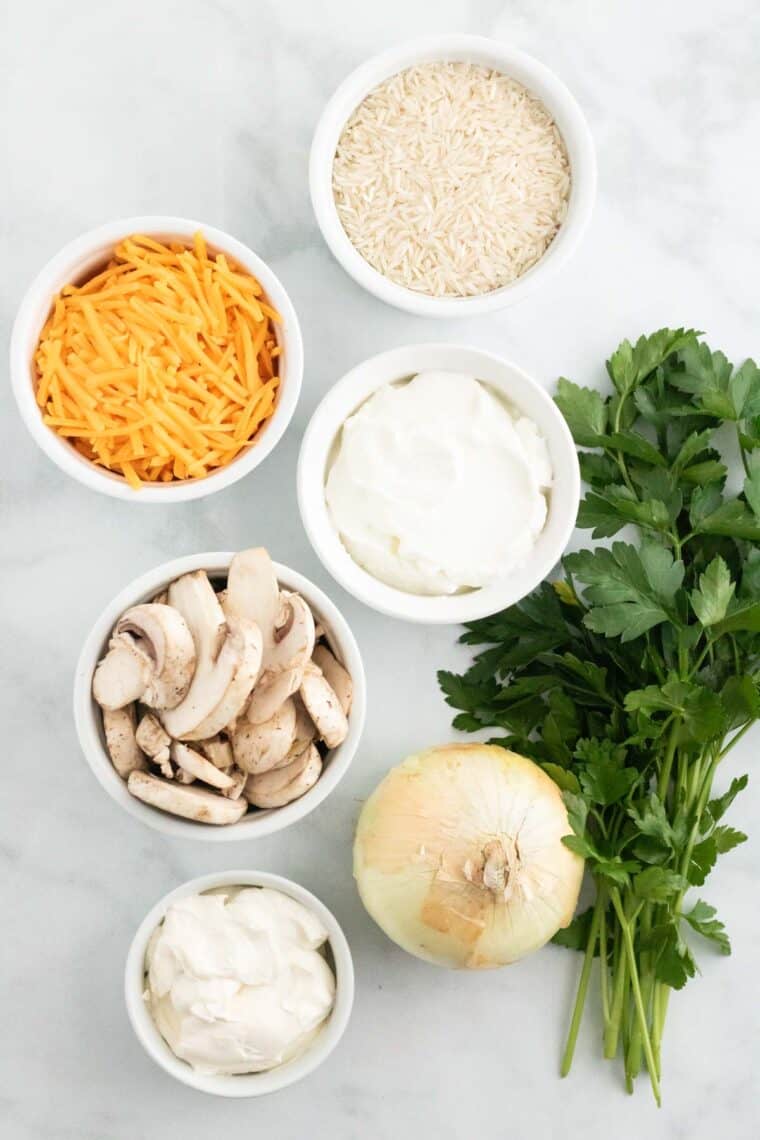 The ingredients for gluten-free chicken and rice casserole.
