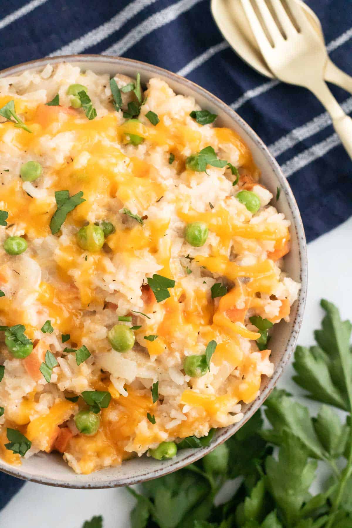 Chicken and rice casserole served in a bowl.