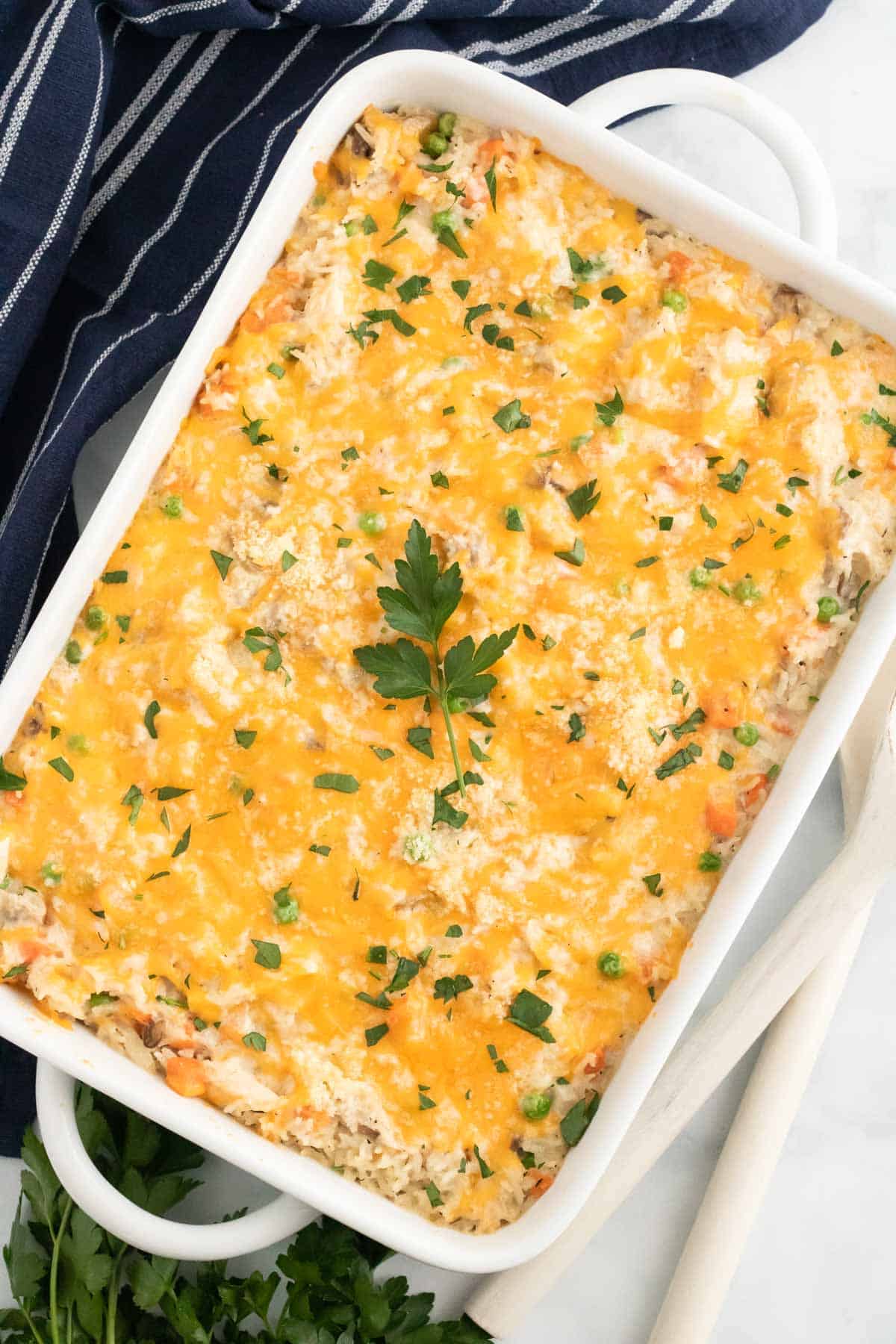 Top view of a baked chicken and rice casserole.