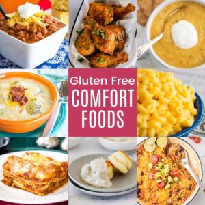collage of photos of lasagna,chili, biscuits and gravy, broccoli cheese soup, and more comfort food dishes