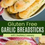Gluten free garlic breadsticks stacked in a dish and one broken in half on a small plate.