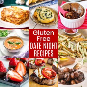 A collage of various items to serve for date night including steak, roasted mushrooms, chocolate-covered strawberries, and more.