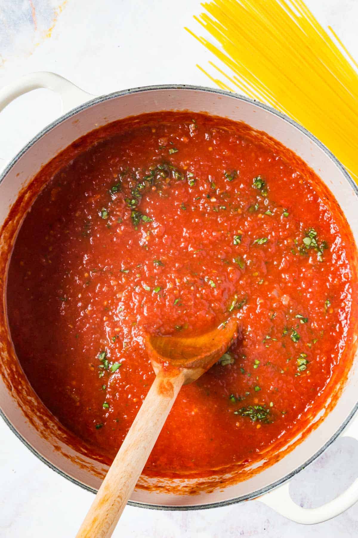 Homemade marinara sauce in a pot.