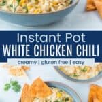 two bowls of Instant Pot White Chicken Chili and one bowl from overhead with a couple of spoons