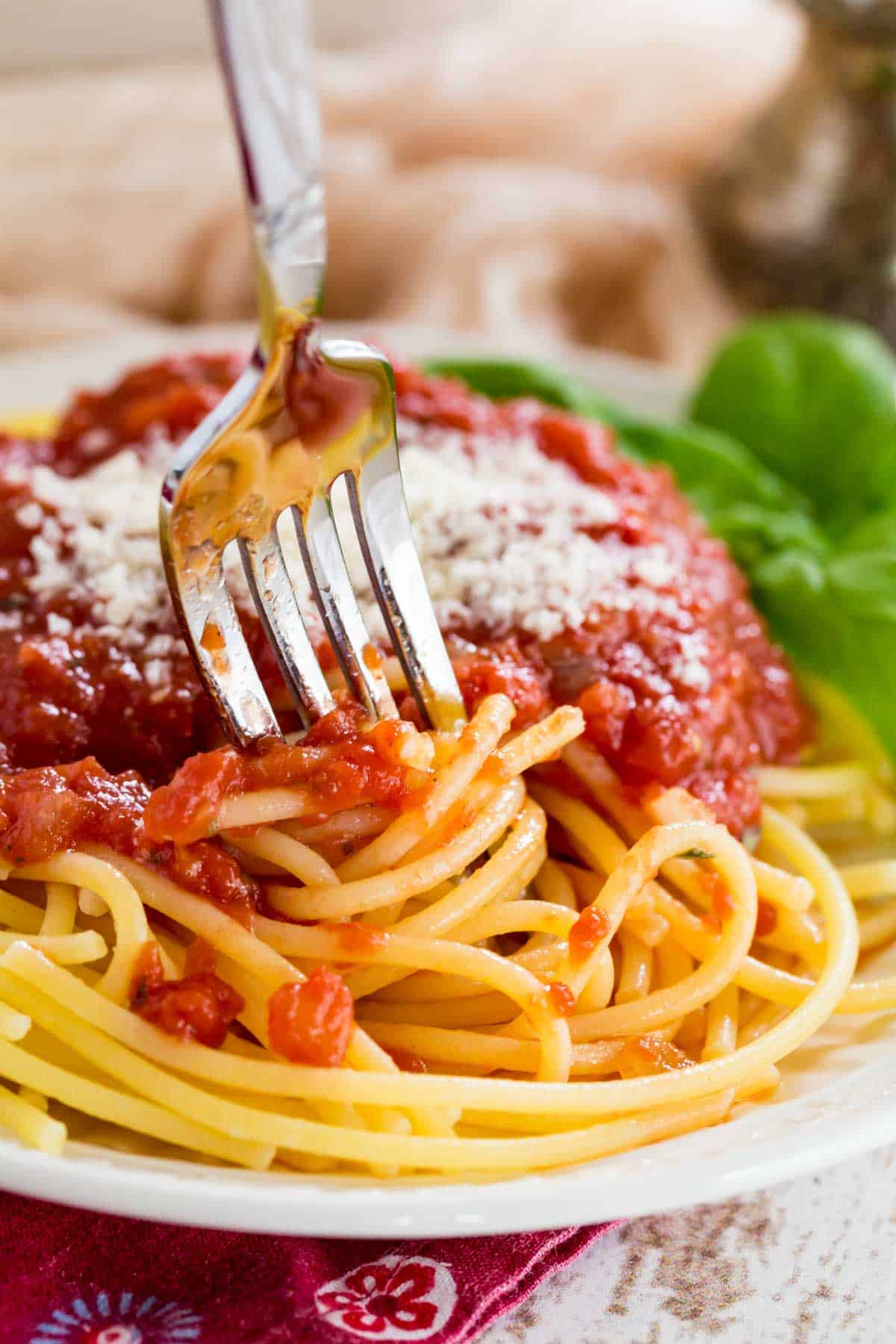 Spaghetti with marinara sauce and a fork.