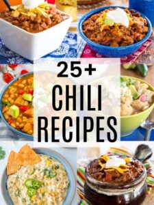 Collage of different types of beef, chicken, turkey, and vegetarian chili recipes in bowls.