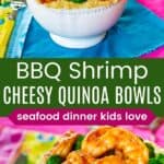 A barbecue shrimp bowl with cheesy quinoa and a closeup of the shrimp coated in barbecue sauce.