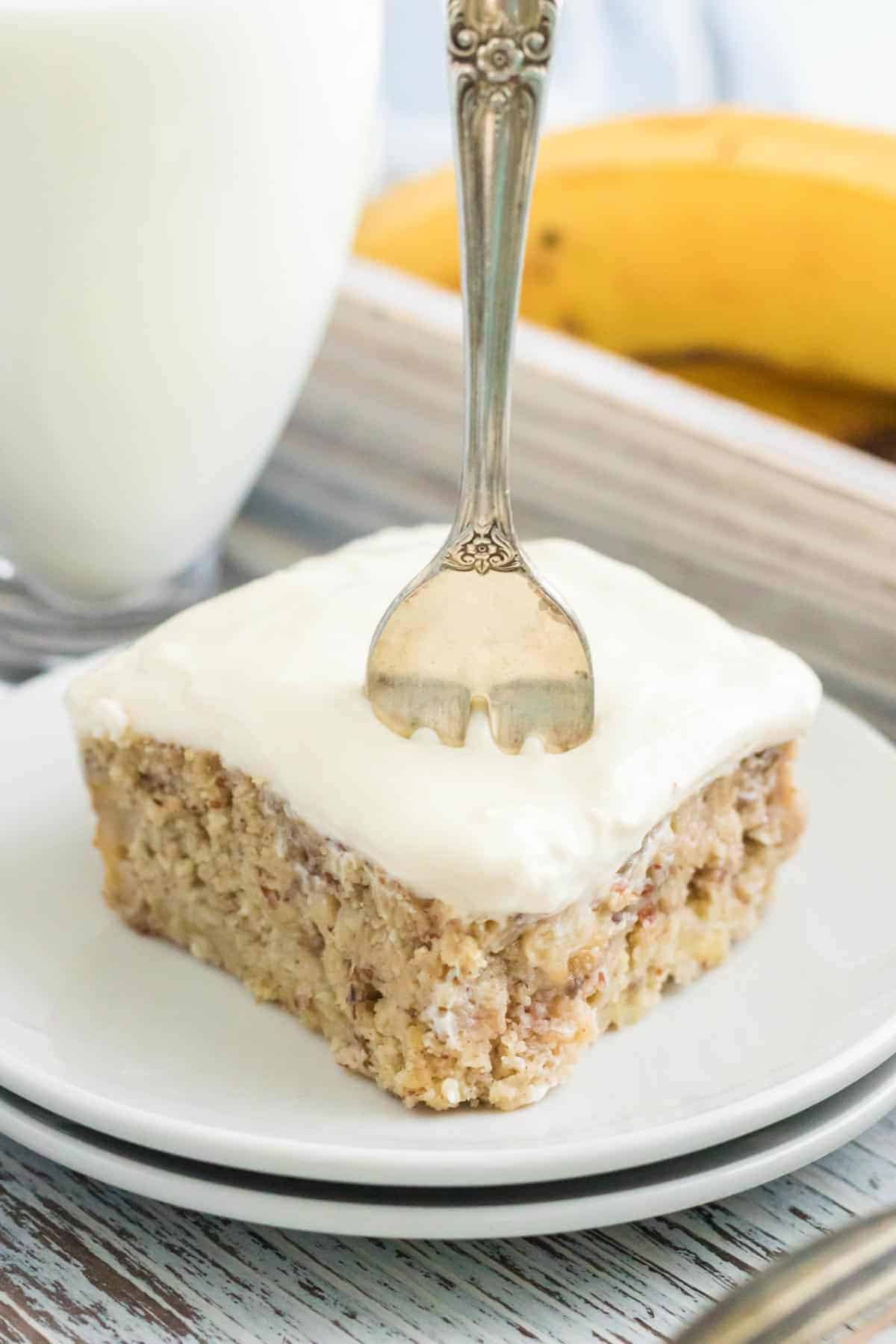 A slice of gluten-free snack cake on a plate with a dessert fork sticking into it