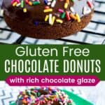 Gluten Free Chocolate Donuts on a cooling rack and two on a plate.