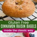 Gluten free cinnamon raisin bagels cooling on a rack and ne sliced and toasted on a plate.