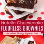 A stack of three gluten free nutella cheesecake brownies and a stack of four with the top tied with twine.
