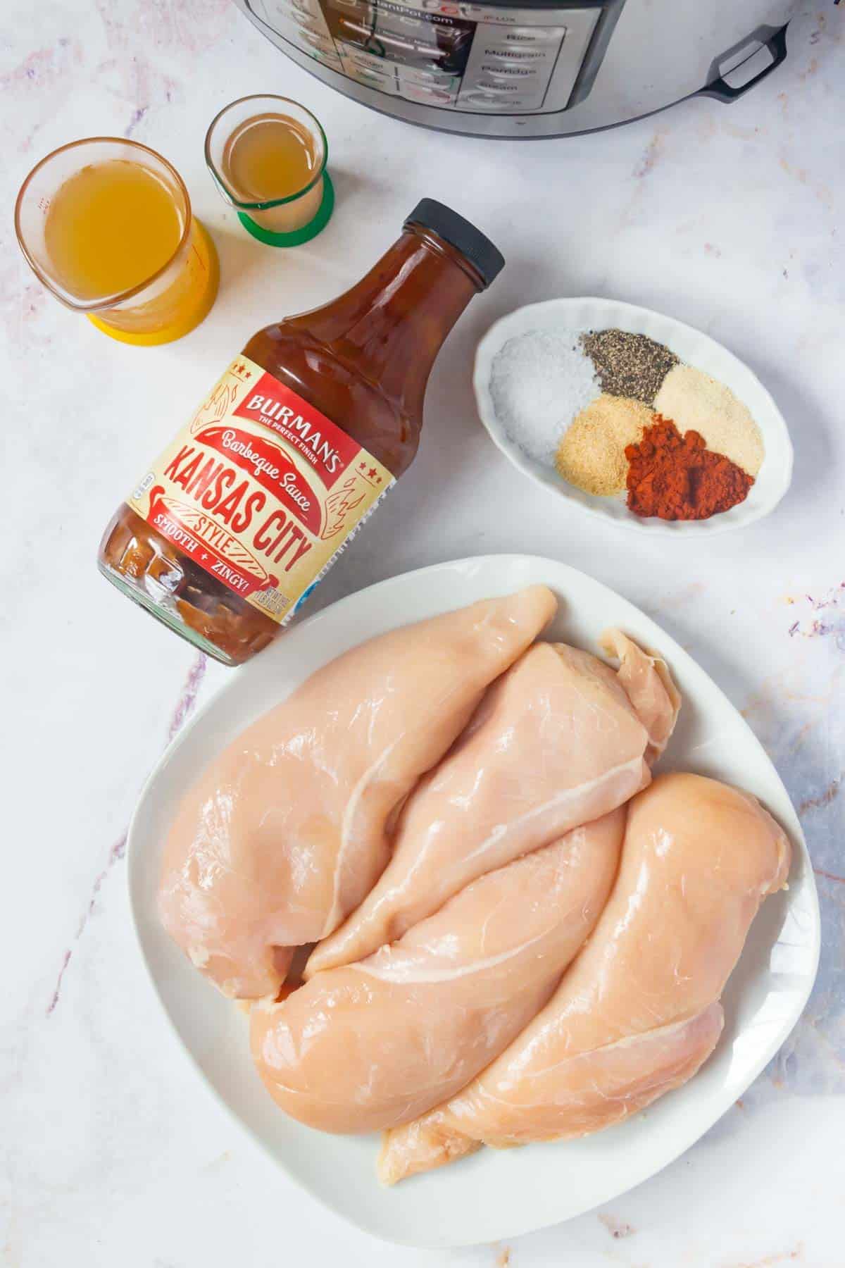 The ingredients for Instant Pot BBQ pulled chicken.