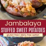 Jamabalaya stuffed baked sweet potatoes in cast iron pans, two topped with melted cheese and two without.