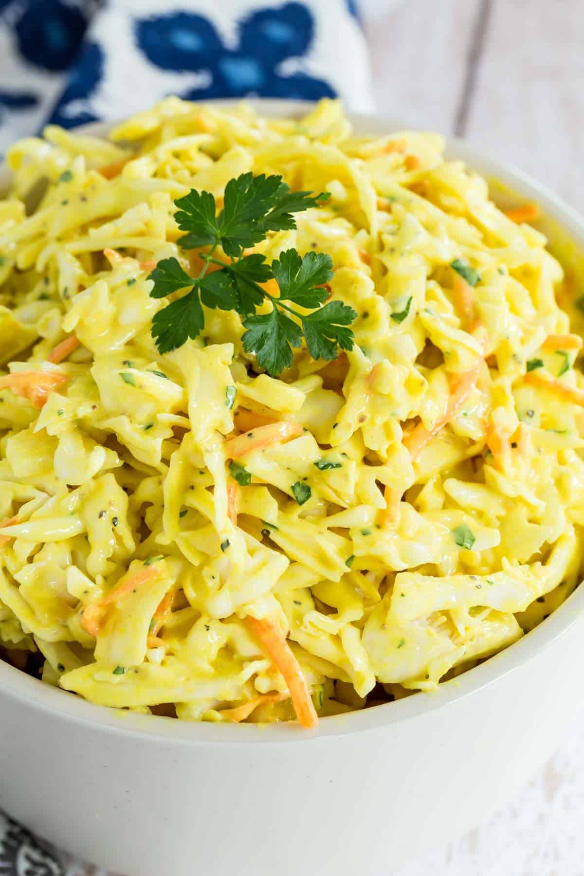 Close up of mustard coleslaw.