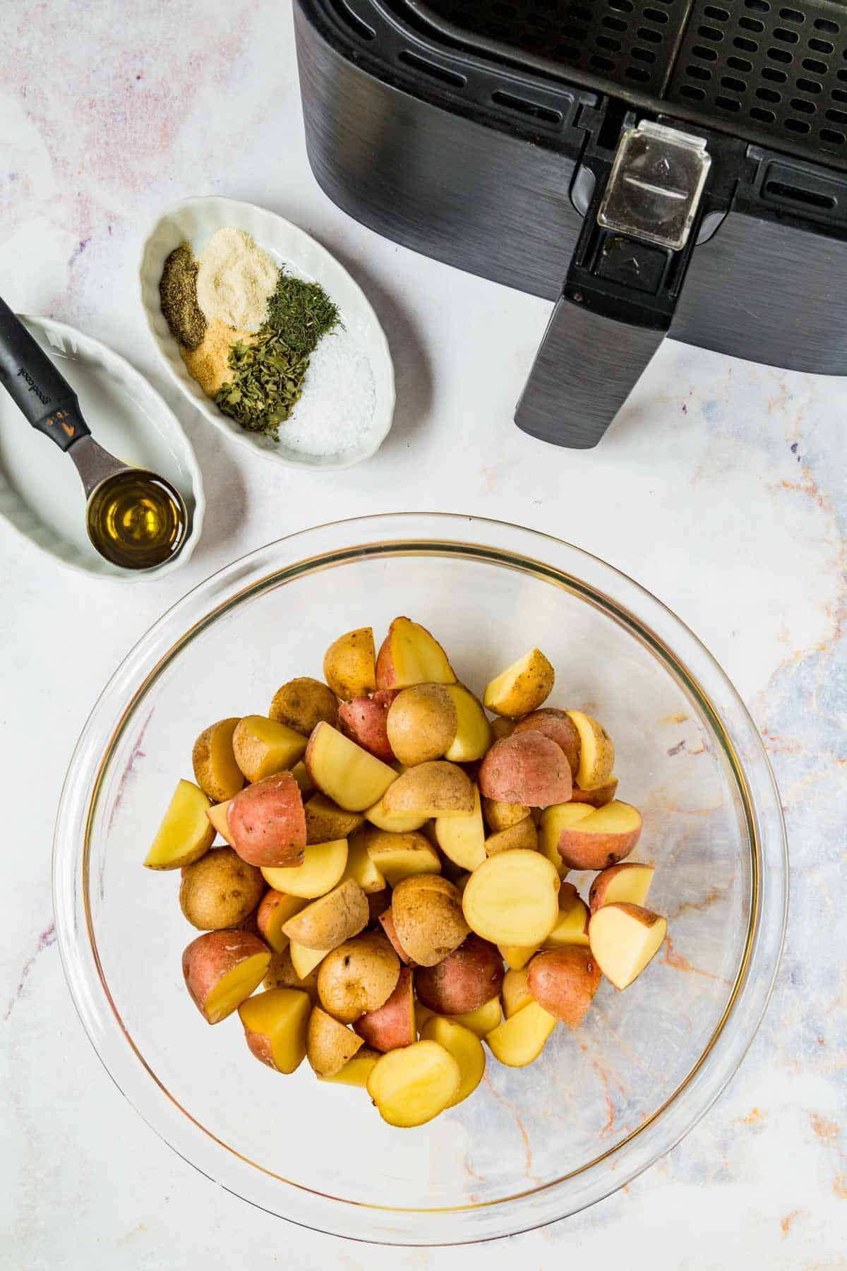 The ingredients for air fryer potatoes and ranch seasoning.