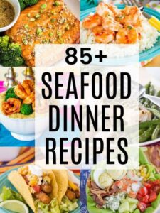 Collage of various seafood recipes including maple glazed salmon, chili lime shrimp, lobster cobb salad, and more.