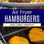 A cheeseburger with lettuce, tomato, and onion, and four burgers in an air fryer basket.