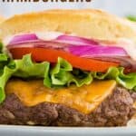 Closeup of a cheeseburger on a bun with lettuce, tomato, onion, and burger sauce.