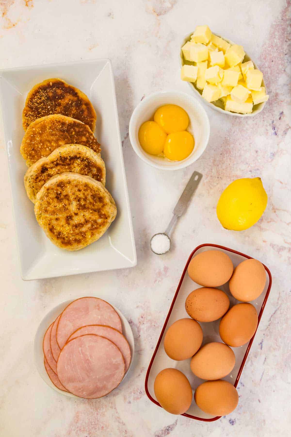 The ingredients for homemade gluten free Eggs Benedict.