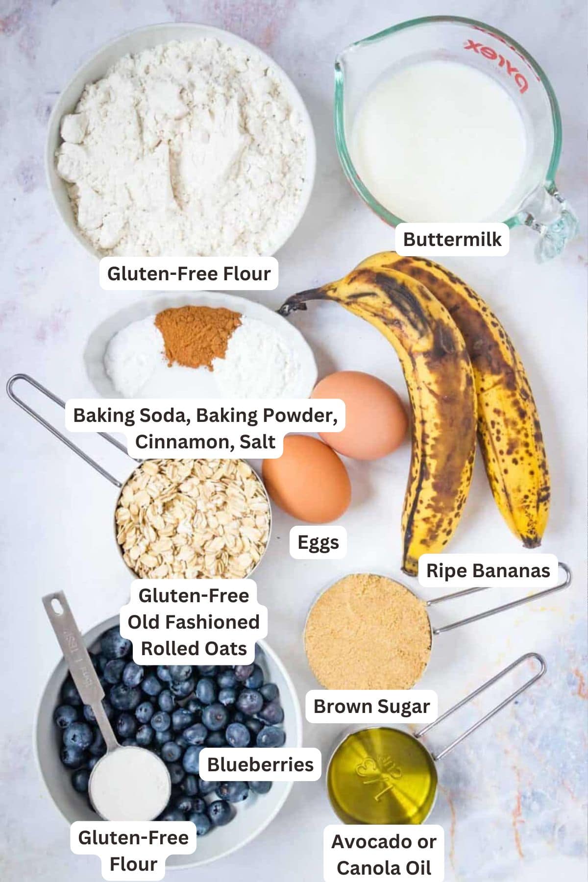 Ingredients for Gluten-Free Banana Blueberry Muffins.