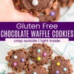 A hand holding a gluten free chocolate waffle cookie and more on a plate.