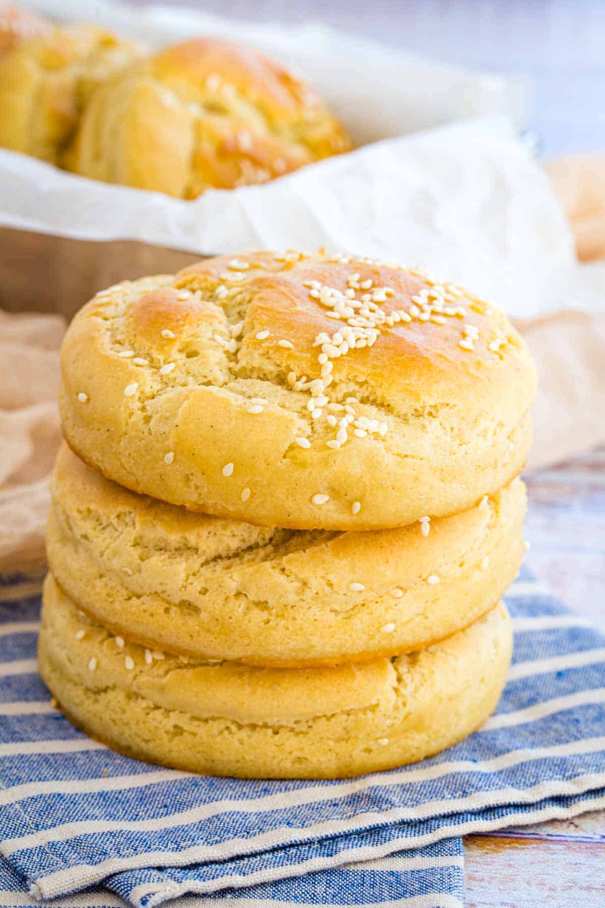 A stack of homemade hamburger buns.