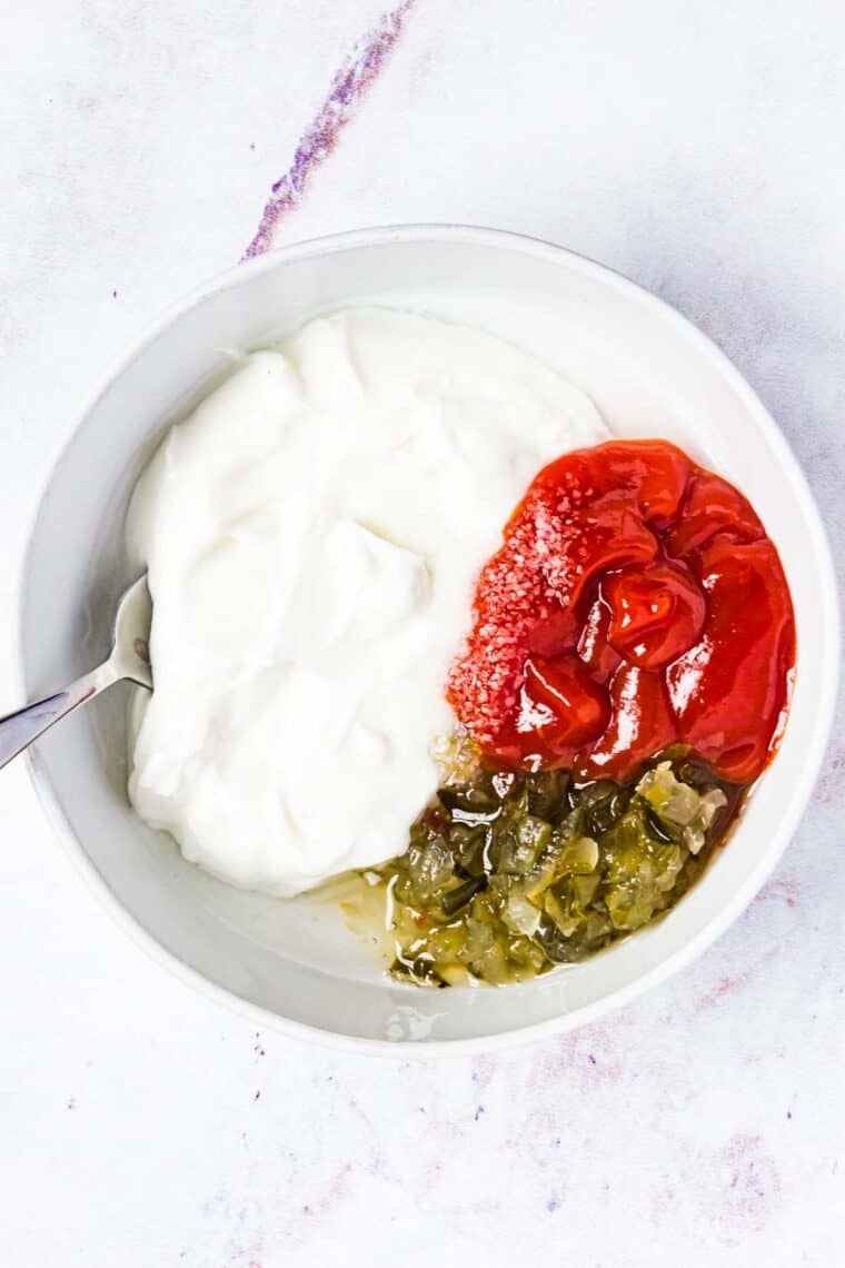 The ingredients for homemade Big Mac Sauce combined in a mixing bowl.