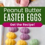Peanut butter eggs in a gift box and lined up on a parchment-lined baking sheet.