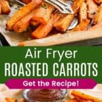 Air Fryer Carrots being picked up off a sheet pan with tongs and piled on a plate.