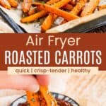 Roasted carrots on a parchment-lined baking sheet and three being dipped in a sauce.