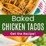 Baked chicken tacos in a baking pan and a hand holding one with guacamole and sour cream.