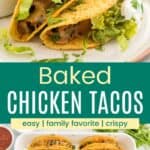 Two chicken tacos with toppings on a plate and all of the baked tacos in a baking dish.