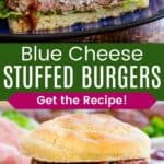 A stuffed blue cheese burger cut in half and one whole burger on a bun on a blue plate.