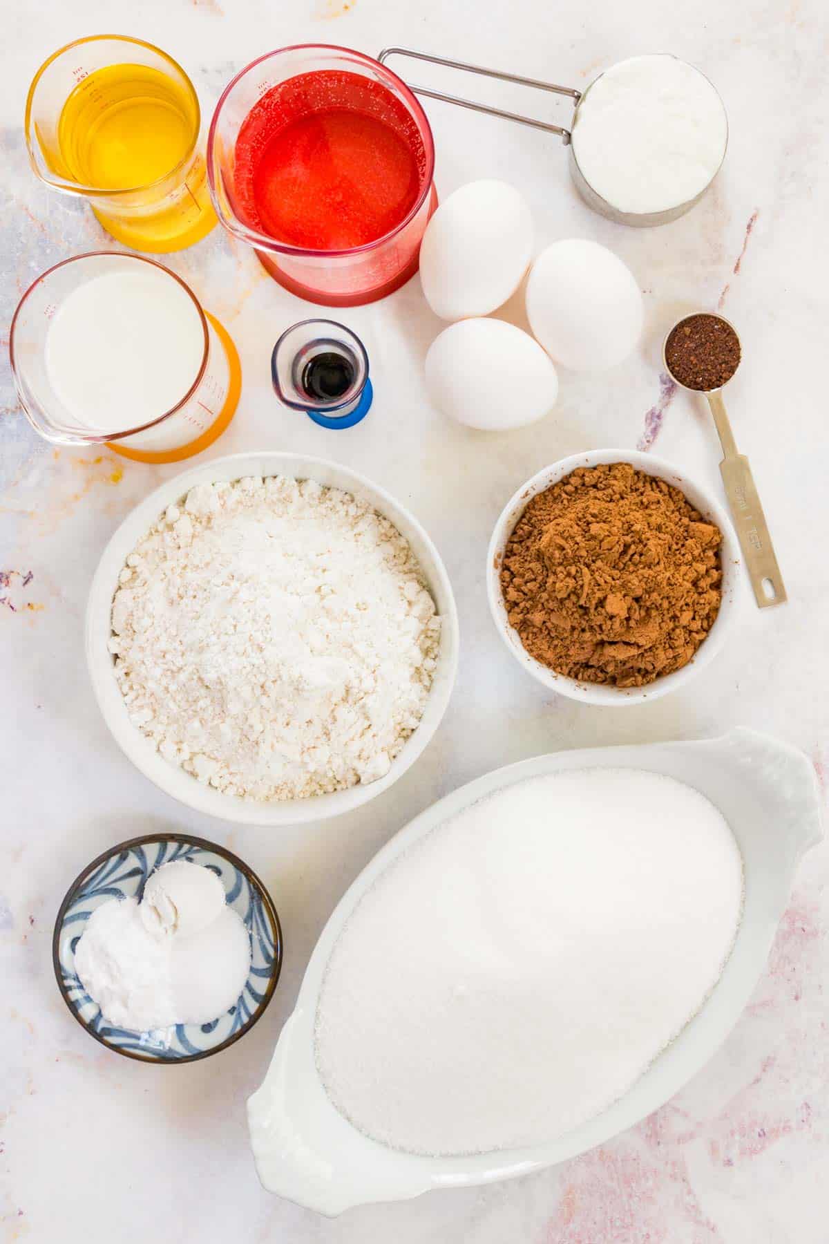 The ingredients for gluten-free chocolate cake.