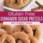 Gluten Free Cinnamon Sugar Pretzels lined up on a rectangular plate and piled on a round plate.